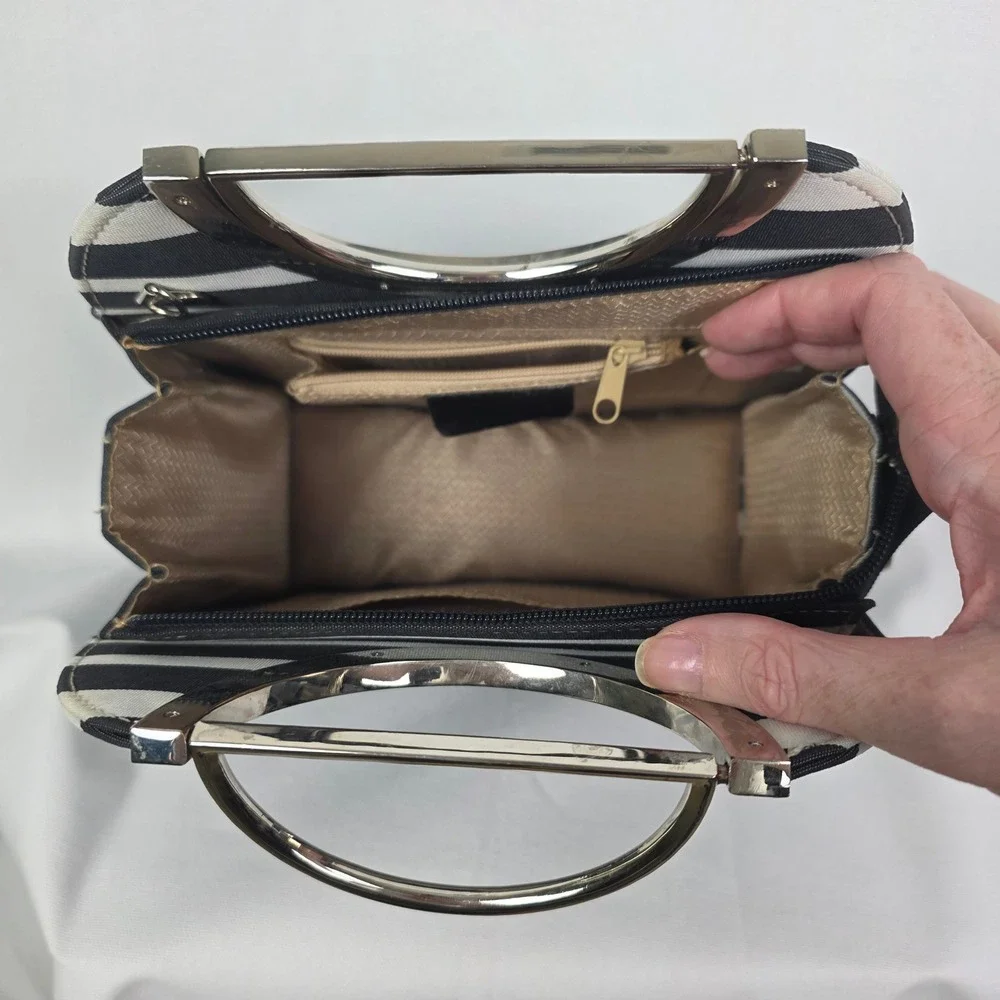 Kate Spade New York‎ Striped Canvas Handbag Black White Silver Metal Handle